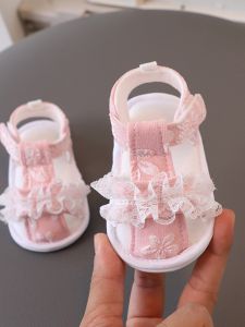 Princess Style Breathable Summer Sandals Lace-Up Baby Girl Shoes Soft Bottom Slip-On Cotton Uppers for 8-14 Months Old