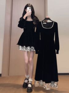 CHANGTONG | Elegant Audrey Style Sequined Puffy Pinched Waist Little Black Dress