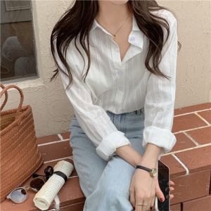 French Long Sleeve Shirt Spring Thin Stripe Sun Protection Womens Design Sense Top White Blouse Korean Style Loose Fit
