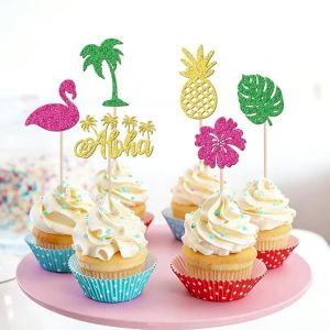 YOMDID 24Pcs Summer Beach Cake Toppers Hawaiian Party Cupcake Toppers Glitter Tree Leaves Flower Bird Pattern Cake Decorations
