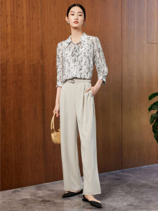 JUZUI Summer New Womens Silk Straight Leg Light Shirt Coffee Color Printed Belted Sleeveless Top Comfortable Breathable