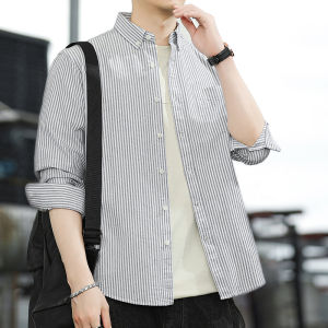 Mens Pure Cotton Striped Long Sleeve Shirt Loose Business Casual Youth Oxford Cloth Jacket Autumn New Style Fashion Urban Mens Shirt