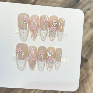 10pcs Hand Painted French Cat Eye False Nails Oval Shape with Butterfly Heart Rhinestone for Women Party Valentine Gift