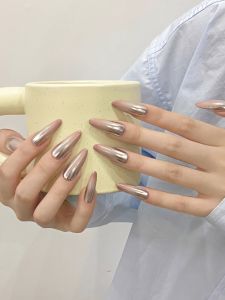 2024 New Handmade Gradient Moonlight Pink Ultra-Shiny Crystal Powder Nail Art Wearable False Nails Bright Shiny LED UV Gel Nails