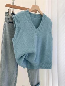 สีน้ําเงิน คอวี ถัก เสื้อกั๊ก ด้านบน แขนกุด ร้านกระเป๋าถือแฟชั่นสตรีเหนือศีรษะ ฤดูใบไม้ผลิ ฤดูใบไม้ร่วง ผ้าไหม ผู้หญิง Premium คอวี เสื้อสเวตเตอร์