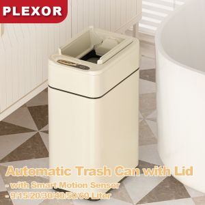 Plexor 60L High-Capacity Kitchen Trash Can Smart Motion Sensor Brushed Stainless Steel Finish Garbage Can with Lid 15L/20L/30L Automatic Touchless Infrared Trash Waste Bin with LidSmart Automatic Trash Can for Bedroom Bathroom Kitchen Office