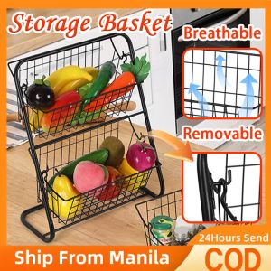 Fruit Basket With Stand 2 Tiers Kitchen Spice Rack Organizer Fruit Basket With Handle Stand Countertop Metal Wire Storage Basket Cosmetics Vegetable Storage Rack Stand Holder Storage Shelf For Bedroom Kitchen Bathroom