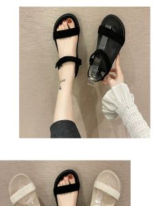 Black Sandals Womens Fairy Style Flat Shoes Summer Soft Bottom Thick Bottom Beach Sports One-Strap Sandals Korean Version Low Help PU Lining Daily Wear Roman Style Glue Shoe