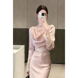 QFN | French Elegant Ladylike Satin Lace Pink Two-piece Set