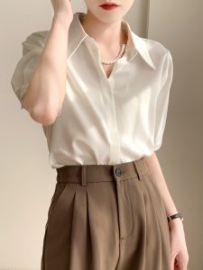 White Short-Sleeve Summer Thin Professional Shirt for Women with Wrinkle-Resistant No-Iron Design Casual Square Collar Top