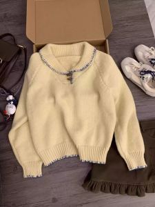 Korean Style Soft Doll Collar Long Sleeve Womens Knitwear Loose Comfortable Button up Top for Autumn New Arrival