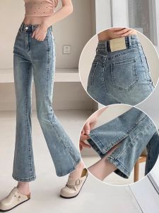 Micro Flared Denim Jeans Womens High Waist Nine Points Pant High Wasit Side Slit Splice Casual Style Cotton Stretch Blue Jeans