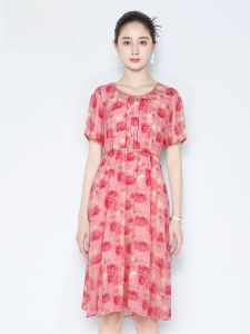 MY TENO | Fashionable Pink Floral Print Chiffon Dress With Chain Waist Cinching Summer Vacation Style Womens Mid-Length Skirt