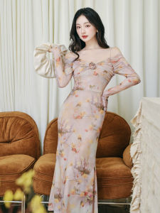 ชุดเดรสยาวแขนกุดคอวีแขนกุดทรงเข้ารูปสไตล์ฝรั่งเศสวินเทจ Pure Desire ปักลายดอกไม้ ชุดราตรีสุดหรูหรา