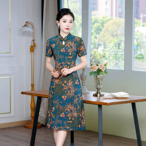 Elegant Mid-Length Qipao Dress with 7/8 Sleeves for Women Spring Summer Fashion Retro Style Loose Fit Floral Print Dress