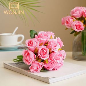 ช่อดอกกุหลาบหลากสีสำหรับเจ้าสาวในงานแต่งงานของเกาหลีดอกไม้ประดิษฐ์ไหมเทียมสูงดอกกุหลาบเล็ก12ดอก