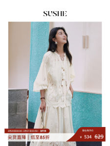 Womens French Style V-neck Embroidered Blouse & Skirt Set Spring Autumn