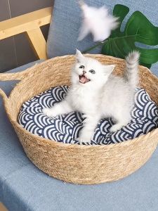 Hand-Weaving Straw Pet Beds With Cotton Mat Cushion For Cats / Dogs / Pets [FREE COOLING PAD]