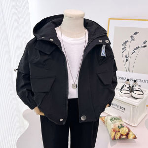 Boys Spring Autumn Hooded Jacket Cool Stylish Korean Style Baby Boys Workwear Windbreaker Coat Zipper Closure Solid Color
