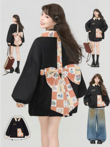 KEIKO | Youthful Polka-dotted Bow-trimmed Black Fleece-lined Womens Polo Shirt