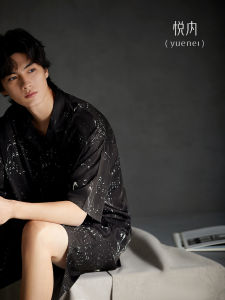 yuenei | Bộ đồ ngủ lụa băng tay ngắn mùa hè cho nam Bộ đồ mặc nhà bằng vải lụa mỏng cao cấp Quần short thoải mái thoáng khí