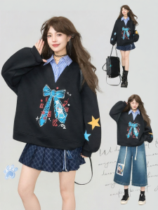 KEIKO | Áo Hoodie Phong Cách Học Đường Cổ Polo Ảo Lớp Lông Cừu