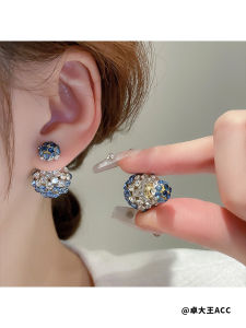 Blue Diamond Embedded Silver Needle round Ball Earrings Womens Fashionable Versatile High-Quality Lightweight Hoop Earrings