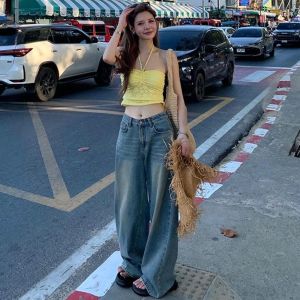 Quần Jeans Ống Rộng Cạp Cao Cho Nữ Quần Dài Đến Sàn Phong Cách Retro Thời Trang Mùa Xuân Quần Jeans Denim Dài Đến Sàn