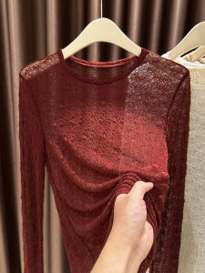 Spring Autumn New Style round Neck Lace Hollow out Base Shirt Womens High Sensation Red Versatile Inner Wear Top Korean Style