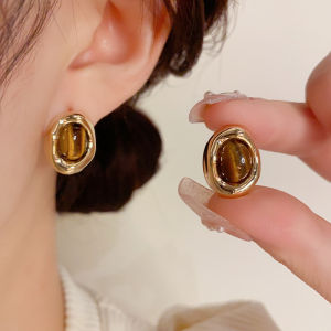 Coffee Color Retro Earrings Unique Design Tiger Eye Stone Pure Silver Needle Luxury Autumn Winter Style Geometric Pattern for Women