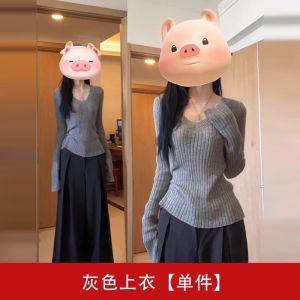 Gray V-Neck Knitted Sweater Womens Fashionable Slim Fit Long Sleeve Top Early Autumn Beautiful New Arrival Korean Style