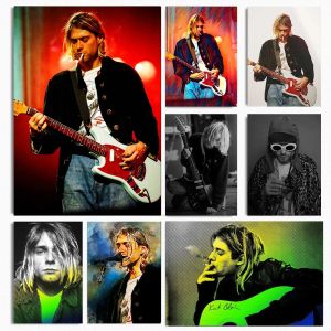 Pop Singer Kurt Cobain Smoking Posters Retro Rock Band Guitar Canvas Painting Print Wall Art Pictures Room Home Club Bar Decor