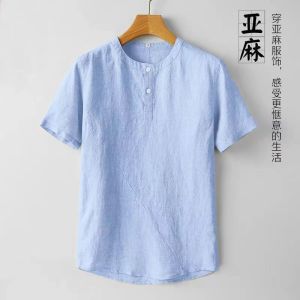 Loose Fit Linen Mens T-Shirt Chinese Style Summer round Neck Short Sleeve Shirt Thin Material Casual Polo Top for Middle-Aged And Young Men