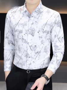 HENGYUANXIANG | Spring Business Casual Elastic Long Sleeve Shirt Mens Iron Free Anti-Wrinkle Splashed Ink Dyed Shirt Fashionable Urban Style