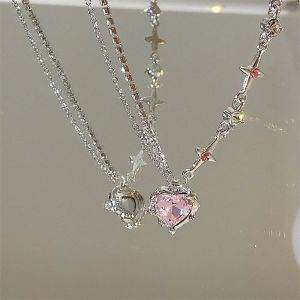 2026 Y2K Pink Crystal Heart Pendant Necklace Women Sweet Cool Girl Punk Clavicle Chain Fashion Aesthetic Necklace Jewelry Gifts