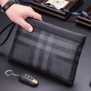 Large Capacity Mens Handbag Plaid Business Casual Bag PVC Material Zipper Closure Fashionable Young Mens Handheld Bag