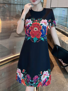 Elegant High Waist A-Line Dress Rose Print Slimming Summer Dress Womens Short Sleeve Midi Dress Elegant U-Neck Zipper Style