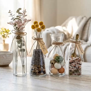 Bộ 4 Bình Hoa Thủy Tinh Trang Trí Vintage Thắt Dây Thừng Kiểu Dáng Vuông Eo Tam Giác Lục Giác Hiện Đại