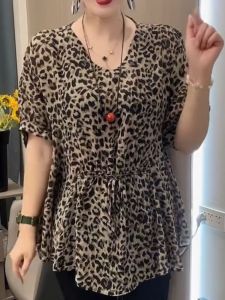 Áo Sơ Mi Chiffon Họa Tiết Da Báo Tay Ngắn Cỡ Lớn Thời Trang Mùa Hè 2025 Phong Cách Mới Chất Liệu Polyester Cổ Chữ V