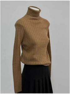 HUOLISI | Maillard Brown Elegant Soft Turtleneck Slim Fit Knit Top