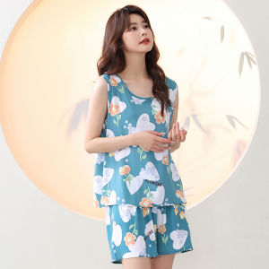 Womens Cotton Silk Sleepwear Summer Thin Sleeveless Home Clothes Set Large Size Cartoon Print Casual Comfortable Nightgown