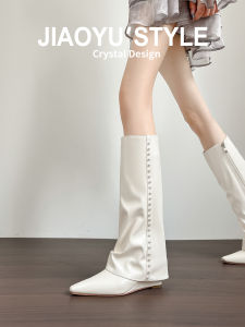 Leather~Jiaoyu Slim Leg Boot 2024 New Pointed Toe White Knight Boot Long Tube Boot Women Knee High Boot Casual High Top