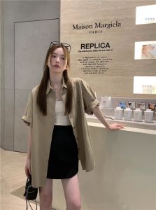 เสื้อเชิ้ตแขนสั้นสีกรมท่าไซส์ใหญ่ ทรงหลวม สำหรับผู้หญิง ฤดูร้อน แฟชั่นลำลอง สไตล์ย้อนยุค เสื้อผ้าทำงานสไตล์เกาหลี
