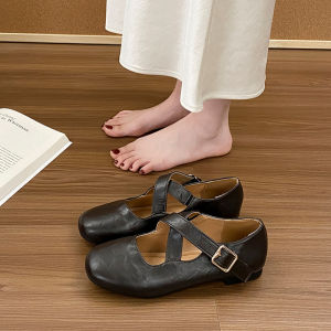 รองเท้าบัลเล่ต์แมรี่เจนรองเท้าผู้หญิงรอบนิ้วเท้าครอสแบนด์รองเท้าลำลองด้านในนุ่มพิเศษเพิ่มความสูง 6 ซม