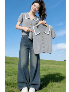 Shalldoer | Lace Trim Turn-down Collar Knit Top For Women