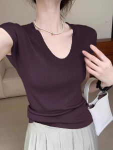 Purple U-Neck Knitted Short Sleeve T-Shirt Womens Summer New Style Slimming Ice Silk Small Flying Sleeve Top Korean Style Commute