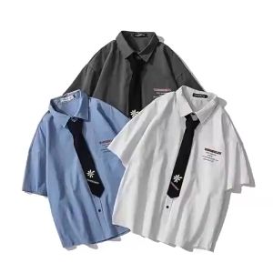 Korean Polo Mens Short sleeved Shirt with Tie Neutral simple solid color Loose suitable for student
