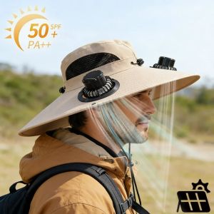 Solar Fan Sun Hat for Men Women Wide Brim Fishing Cap Waterproof Breathable Solar Outdoor Cooling Hat for Hiking Camping