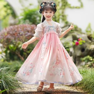 Chic Ancient Chinese Style Girls Dress Spring Autumn New Arrival Fairy Tale Skirt Long Sleeve A-Line Skirt Floral Pattern