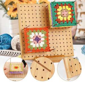 Large 20cm Wood Crochet Board with 8 Pegs/Sticks - Beige Knitting & Hook Knitting Frame Grid Hook Board for Amigurumi Sweaters